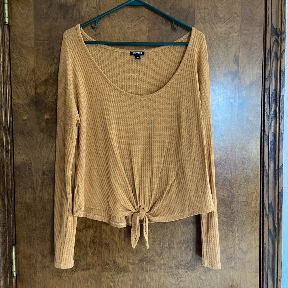 Express Women's Tan Long Sleeve Tie-Front Top